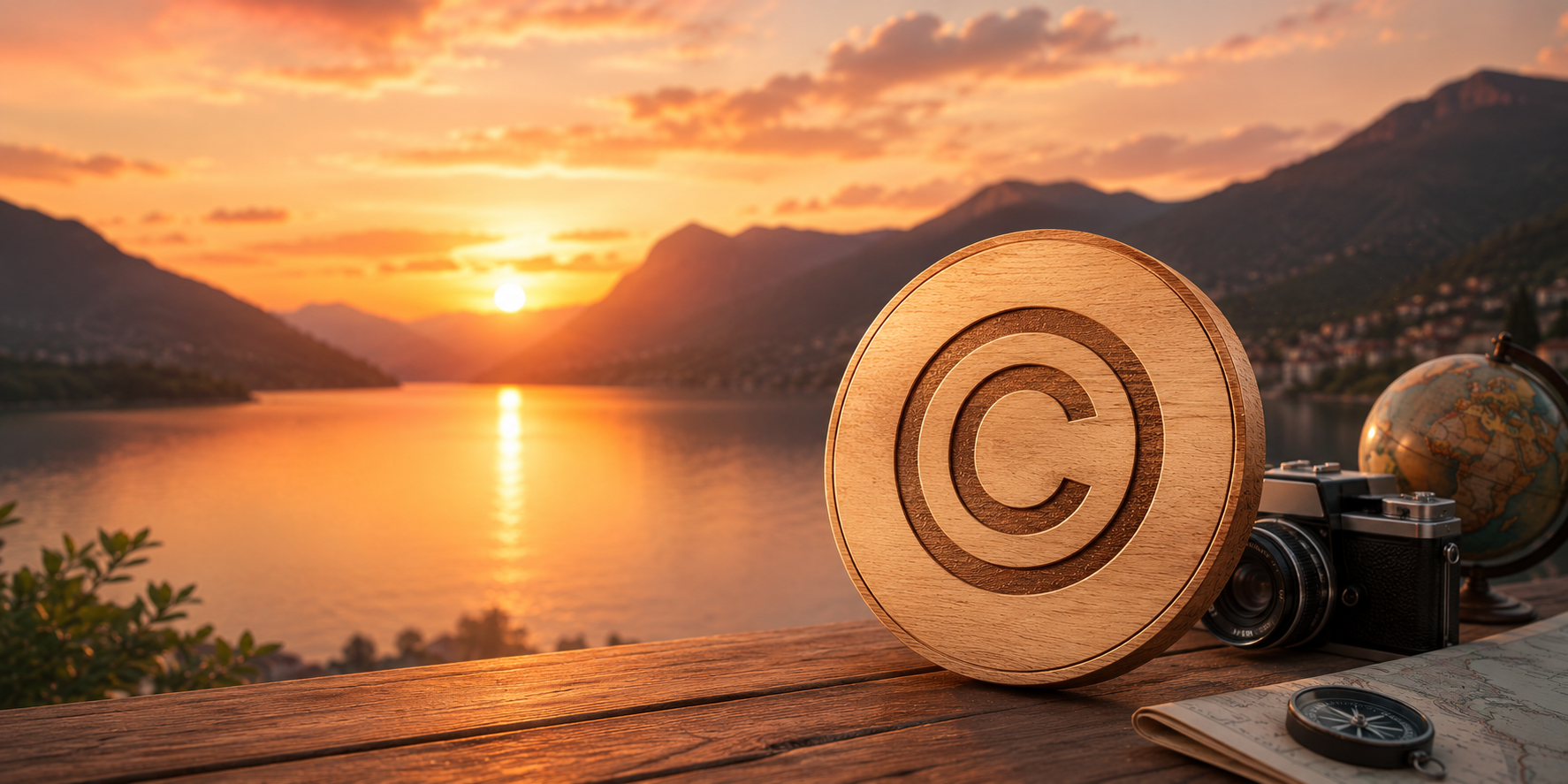 Copyright symbol with travel photography equipment at sunset